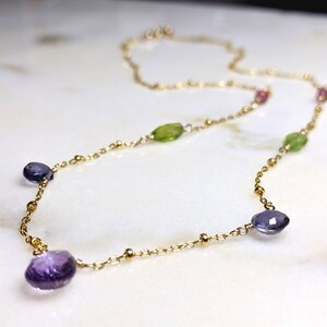 Dainty Gemstone Necklace, Amethyst, Iolite, Pink Tourmaline, Peridot, Beaded Satellite Chain Gold Layering Necklace Handmade Life Bijou