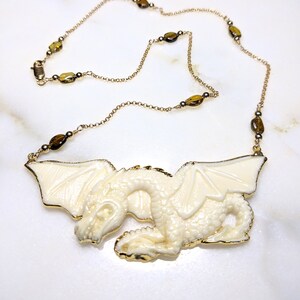 Carved Dragon Pendant Necklace 14K GF Rolo Chain Earthy Petro Tourmaline Statement Necklace Bold Animal Fantasy Jewelry Handmade  Life Bijou