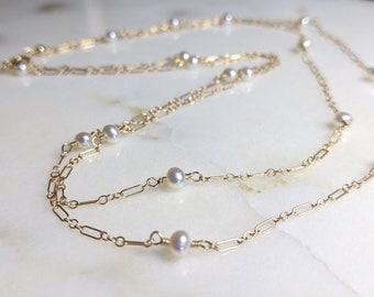 36 Inch Long Gemstone Necklace Pearl Chain Gold Layering Necklace, Wrap Bracelet, Gold Jewelry, Handmade