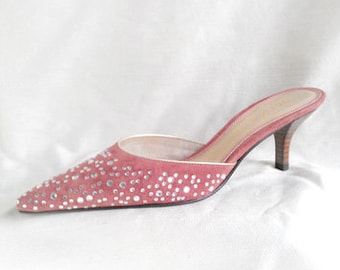 Vintage Unisa Rose Suede & Crystal Rhinestone Mule Low Kitten Heel Embellished Slide Evening Shoes Size 6.5