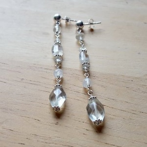 Moonstone and Prasiolite Long Linear Gemstone Earrings with Sterling Silver Ball Post Studs Fine Jewelry Handmade by Life Bijou