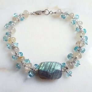 Labradorite & Rutilated Quartz Multi Gemstone Bracelet with Aqua Apatite Dangles Hand Wrapped in 925 Sterling Silver Handmade by Life Bijou