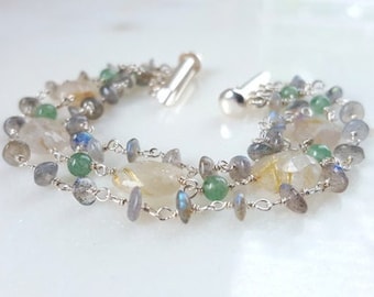 Multi Strand Gemstone Stacking Cuff Bracelet with Labradorite Rutilated Quartz and Aventurine in Sterling Silver Fine Jewelry Life Bijou