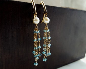 Multi Gemstone Dangling Tassel Chain Earrings with White Pearl and Blue Apatite in 14K Gold Fill Handmade Jewelry by Life Bijou