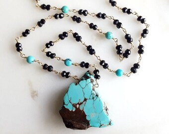 Black Spinel and Turquoise Beaded Statement Chain Layered Gold Necklace with Magnesite Pendant Handmade Fine Jewelry by Life Bijou