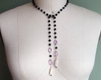 Wrap Necklace Lariat Black Spinel with Rose de France Pink Amethyst Biwa Pearl Tassels, Statement Necklace, Handmade Fine Jewelry Life Bijou