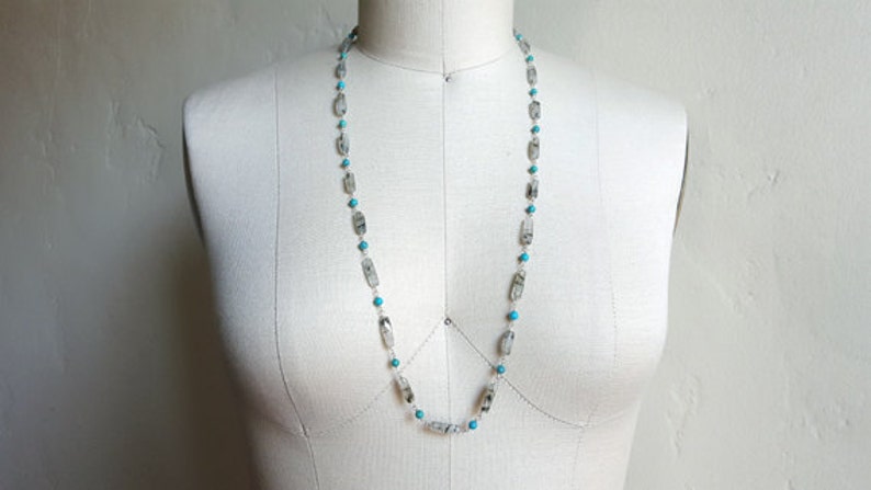Long Gemstone Sterling Silver Necklace 28 inch Turquoise Rotile Quartz Beaded Boho Layering Chain Wrap Bracelet Fine Jewelry Life Bijou