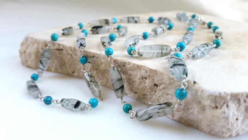 Long Gemstone Sterling Silver Necklace 28 inch Turquoise Rotile Quartz Beaded Boho Layering Chain Wrap Bracelet Fine Jewelry Life Bijou