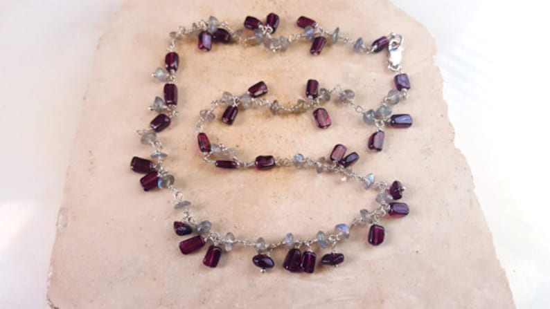 Labradorite and Garnet Sterling Silver Layering Chain Choker Necklace, Red Grey Multi Gemstone Dangling Charm Pendant by Life Bijou image 2