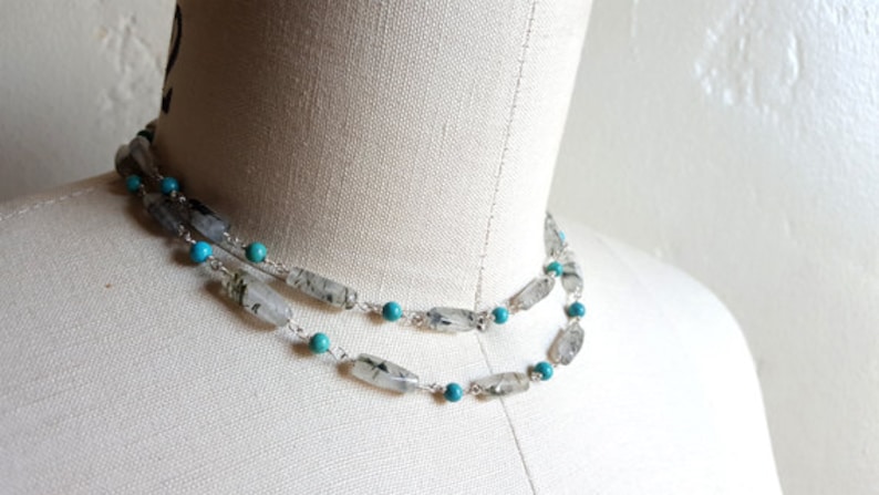 Long Gemstone Sterling Silver Necklace 28 inch Turquoise Rotile Quartz Beaded Boho Layering Chain Wrap Bracelet Fine Jewelry Life Bijou