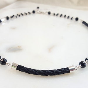 Black Spinel Sterling Silver Modern Black Leather Multi Strand Gemstone Collar Necklace Edgy Minimalist High End Fine Jewelry Life Bijou image 3