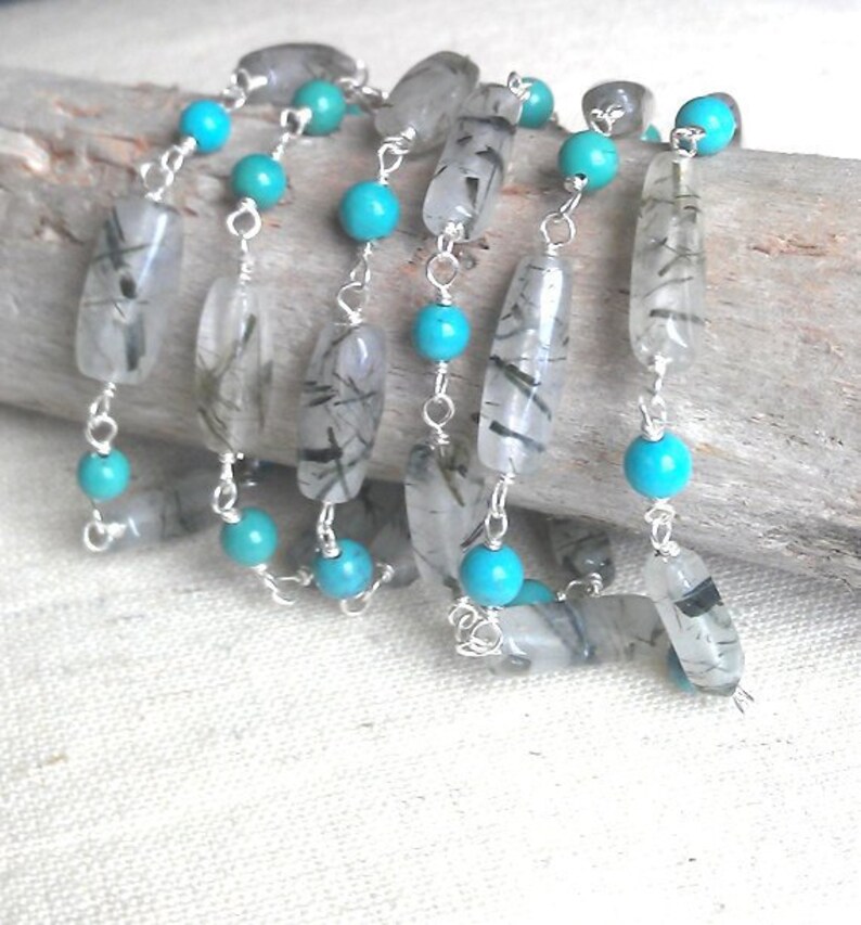 Long Gemstone Sterling Silver Necklace 28 inch Turquoise Rotile Quartz Beaded Boho Layering Chain Wrap Bracelet Fine Jewelry Life Bijou