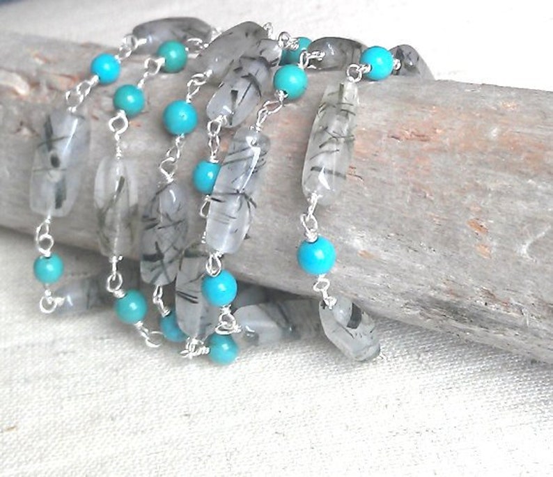 Long Gemstone Sterling Silver Necklace 28 inch Turquoise Rotile Quartz Beaded Boho Layering Chain Wrap Bracelet Fine Jewelry Life Bijou