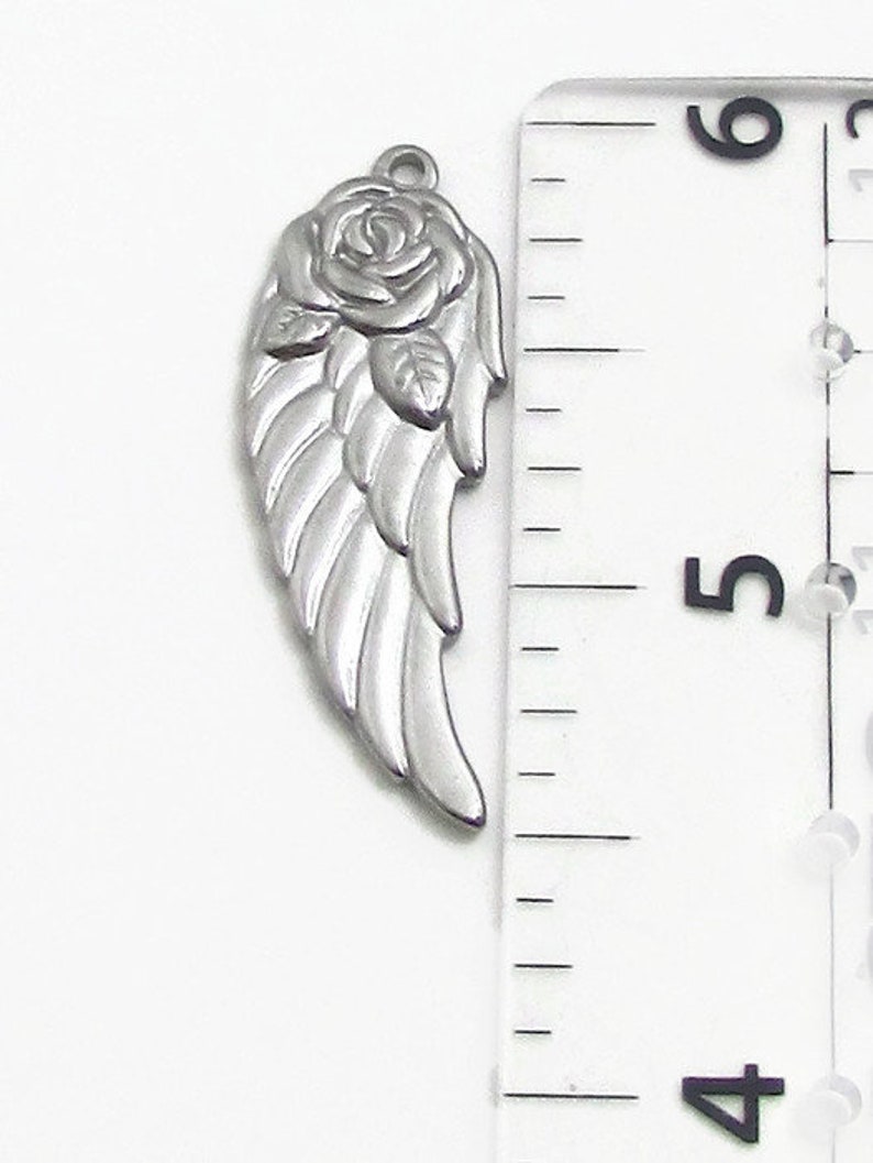 Stainless Steel Angel Wing with Rose Charm, Floral Wing Charm, Silver Wing, 37x13.5x2.5mm, Set of 3, Stainless Steel Wing Charm 140 image 6