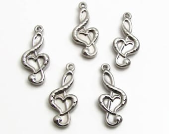 Treble Clef Heart Charm, Stainless Steel Music Note - Set of 5 SST Findings 9.50x21.50x3mm, Treble Clef Charm, Music Charm