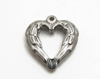 Stainless Steel Angel Wing Heart Charm, Angel Wing Charm, Silver Wing Pendant, 20x22x4mm, Set of 3, Stainless Steel Heart Wing Charm (118)