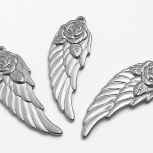 Stainless Steel Angel Wing with Rose Charm, Floral Wing Charm, Silver Wing, 37x13.5x2.5mm, Set of 3, Stainless Steel Wing Charm 140 image 1