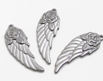 Stainless Steel Angel Wing with Rose Charm, Floral Wing Charm, Silver Wing, 37x13.5x2.5mm, Set of 3, Stainless Steel Wing Charm  (140)