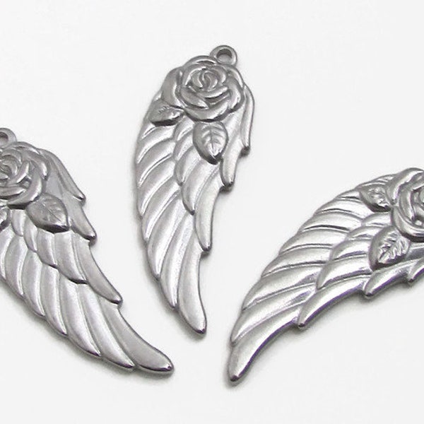 Stainless Steel Angel Wing with Rose Charm, Floral Wing Charm, Silver Wing, 37x13.5x2.5mm, Set of 3, Stainless Steel Wing Charm  (140)