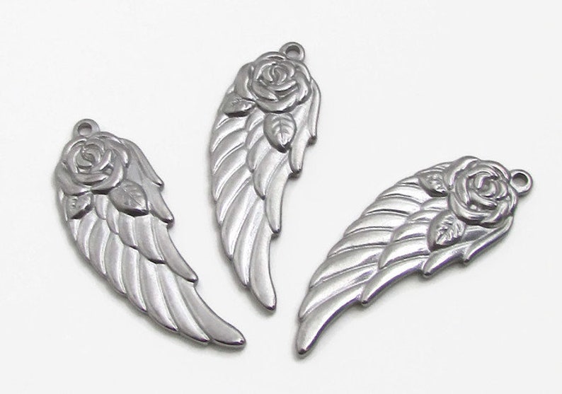 Stainless Steel Angel Wing with Rose Charm, Floral Wing Charm, Silver Wing, 37x13.5x2.5mm, Set of 3, Stainless Steel Wing Charm 140 image 1