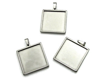 25mm Square Pendant Tray Setting, 1" Pendant Tray Blank, Stainless Steel Bezel Tray, 25mm Square Bezel, Stainless Steel Cabochon Setting