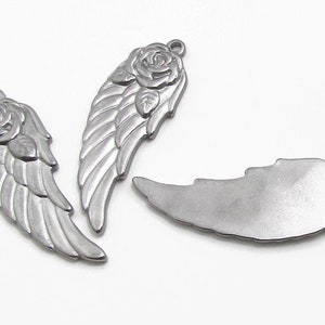 Stainless Steel Angel Wing with Rose Charm, Floral Wing Charm, Silver Wing, 37x13.5x2.5mm, Set of 3, Stainless Steel Wing Charm 140 image 5
