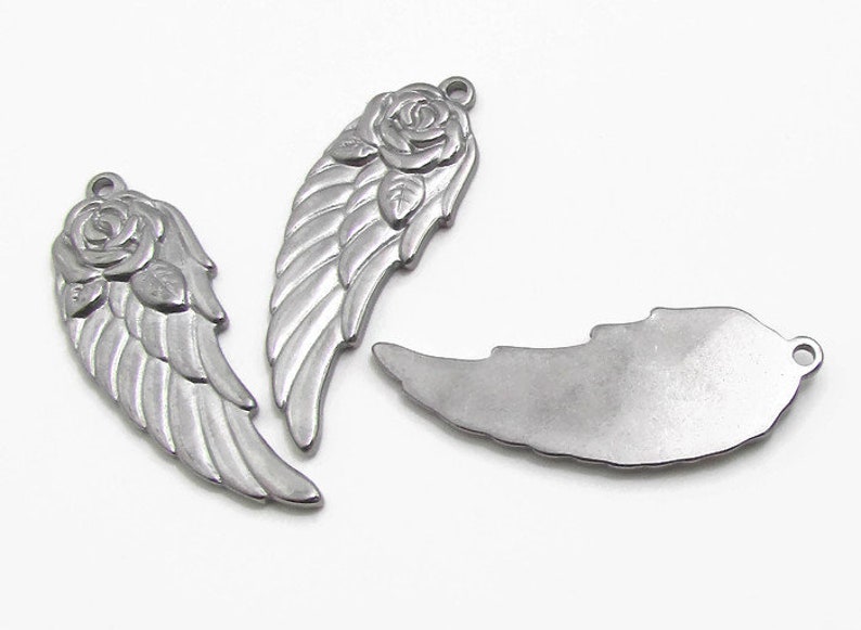 Stainless Steel Angel Wing with Rose Charm, Floral Wing Charm, Silver Wing, 37x13.5x2.5mm, Set of 3, Stainless Steel Wing Charm 140 image 5