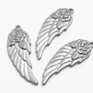 Stainless Steel Angel Wing with Rose Charm, Floral Wing Charm, Silver Wing, 37x13.5x2.5mm, Set of 3, Stainless Steel Wing Charm 140 image 2