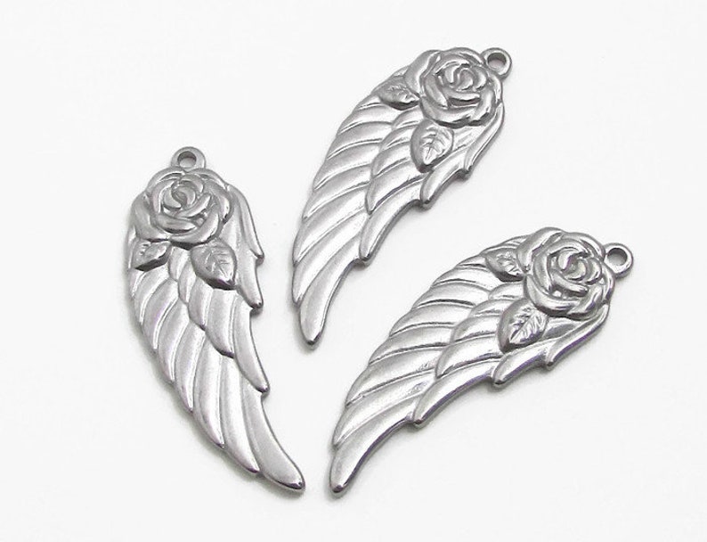 Stainless Steel Angel Wing with Rose Charm, Floral Wing Charm, Silver Wing, 37x13.5x2.5mm, Set of 3, Stainless Steel Wing Charm 140 image 2