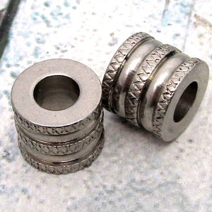 Large Hole Beads, Stainless Steel Jewelry Beads, Drum, 10x12x10mm 6mm Hole - Stainless Steel Beads, Set of 2  (098)
