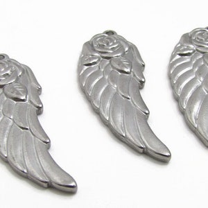 Stainless Steel Angel Wing with Rose Charm, Floral Wing Charm, Silver Wing, 37x13.5x2.5mm, Set of 3, Stainless Steel Wing Charm 140 image 3