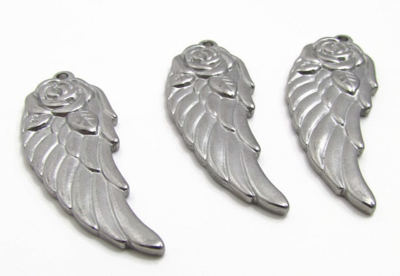 Stainless Steel Angel Wing with Rose Charm, Floral Wing Charm, Silver Wing, 37x13.5x2.5mm, Set of 3, Stainless Steel Wing Charm 140 image 3