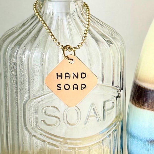 3 Piece Soap Dispenser Labels - Hand, Dish & Lotion Bottle Tag Set - Hand-Stamped Brass Diamonds  - Guest Bathroom + Kitchen Organization