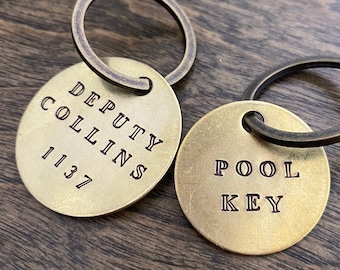 Custom Text Key Tags Labels - Mark Your Keys & Belongings - Label Tag Anything - Gold Colored Brass Key Fob Keychain - Personalized