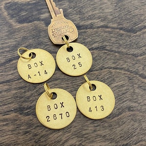 Mail Box Mailbox Number # Keychain | PO Box | Customizable Hand-Stamped Brass Metal Tag | Label Your Keys | Round Circle | 1 inch