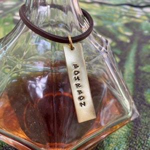 Rectangle Liquor Alcohol Decanter Bottle Tag - Customizable Hand-Stamped Gold-Color Brass on Leather - Label - Custom Spirits Bar ID Marker