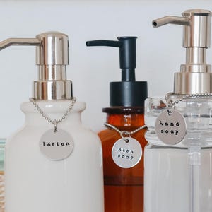 4 piece Soap Labels Hand Dish Lotion Mouthwash Dispenser Set | Hand-Stamped Tags | Guest Bathroom Kitchen Organization | Housewarming Gift
