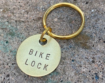 Bike Lock Key Tag - Gold Colored Brass Metal Label with Large & Small Keyring - Bike Lock Keychain - Hand Stamped Key ID Identifier Marker