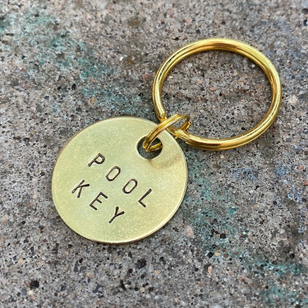 Pool Key Tag - Gold Colored Brass Metal Label with Small & Large Keyring - Pool House Keychain - Hand Stamped Key ID Identifier Marker