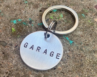 Garage Keychain - Gold Colored Brass Metal Label - Garage Door Key Tag Fob - Hand Stamped ID Identifier Marker | Vacation Rental BnB