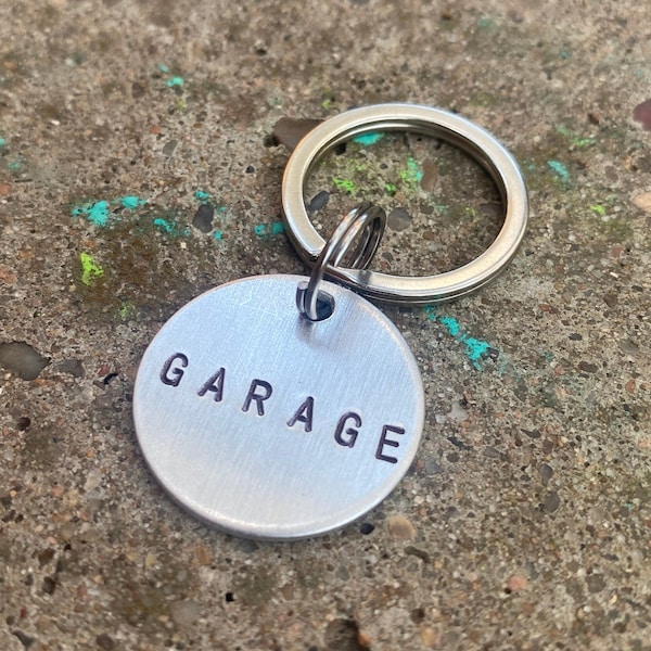 Garage Keychain - Gold Colored Brass Metal Label with Large & Small Keyring - Garage Door Key Tag Fob - Hand Stamped  ID Identifier Marker