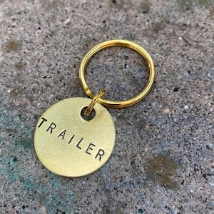 Trailer Key Tag - Gold Colored Brass Metal Label with Large & Small Keyring - Trailer Keychain Lock - Hand Stamped Key ID Identifier Marker
