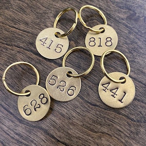 Custom Number Tags - Large Numerical Circle Labels - Hand Stamped Digit - Gold Color Brass Keychain Keyring - locker, address, hotel, mail