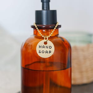 3 Piece Soap Dispenser Labels - Hand, Dish & Lotion Bottle Tag Set - Hand-Stamped Brass or Aluminum - Guest Bathroom + Kitchen Organization