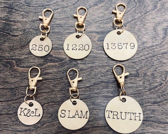Custom Tags w/ Claw Hook - Gold Color Brass Number & Letter Labels - For Backpack, Luggage, Lunchbox, Lockers, Keychain, Lanyard, Mailbox