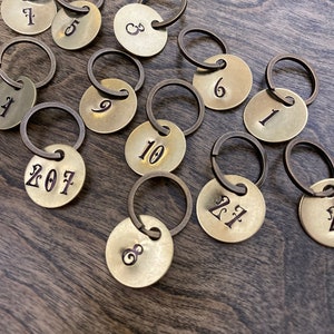 Custom Number Tags  - Hand-Stamped High Visibility 1-3 Digit Labels - Gold Color Brass Keychain -  locker, address, apartment, mailbox