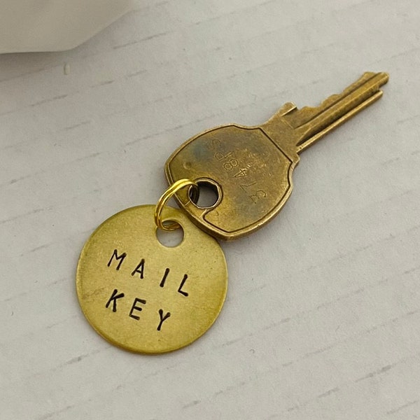 Mail Key Mailbox Number # Keychain | PO Box | Customizable Hand-Stamped Brass Metal Tag | Label Your Keys | Round Circle | 1 inch