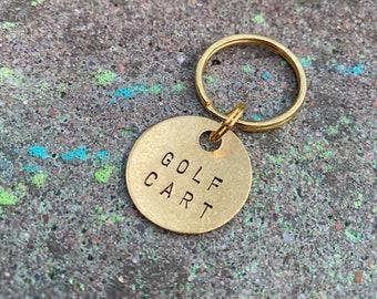 Etiqueta para llave de carrito de golf - Etiqueta de metal de latón dorado con llavero grande y pequeño - Llavero de carrito de golf - Marcador de identificación estampado a mano