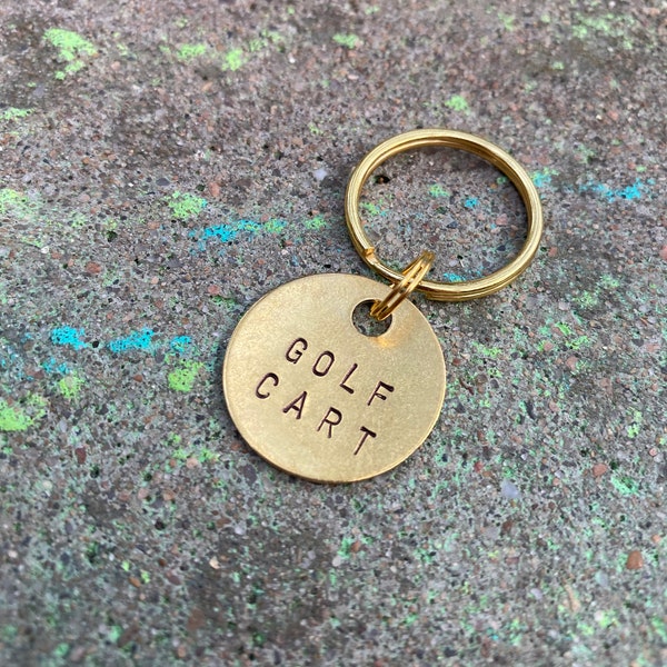 Golf Cart Key Tag - Gold Colored Brass Metal Label with Large & Small Keyring - Golf Car Keychain Fob - Hand Stamped  ID Identifier Marker