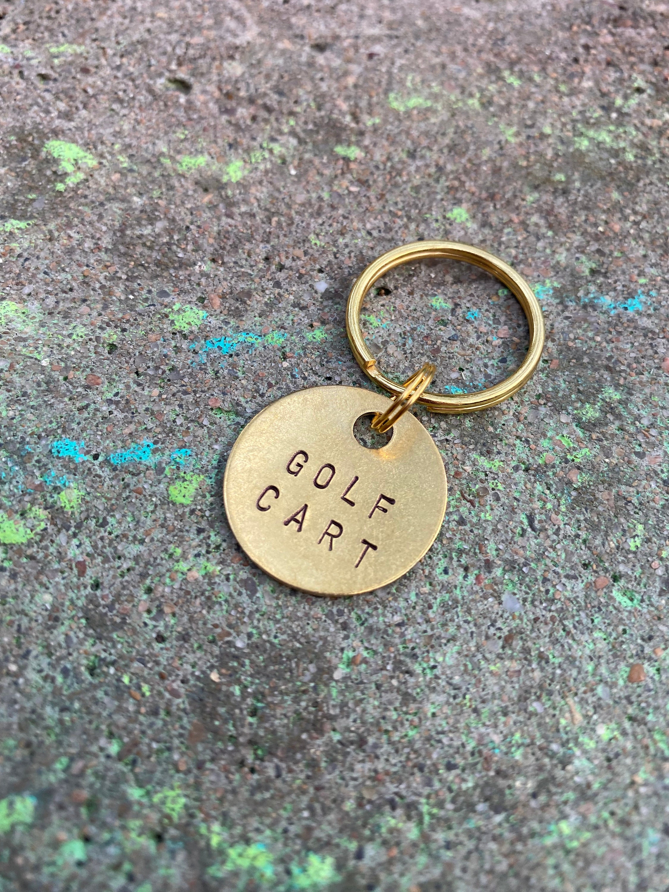 Golf Cart Key Tag Gold Colored Brass Metal Label with Large Small Keyring Golf Car Keychain Fob Hand Stamped ID Identifier Marker